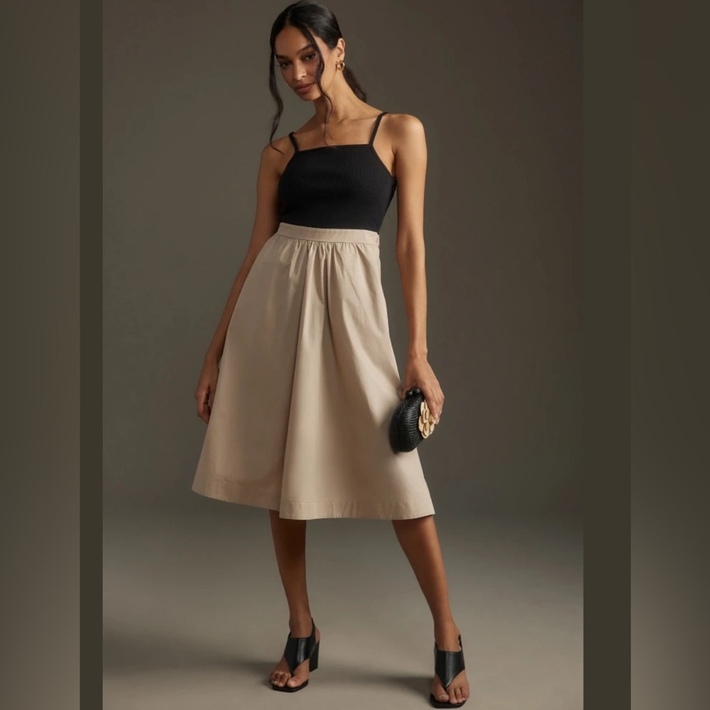Anthropologie Black Top with Beige Midi Skirt